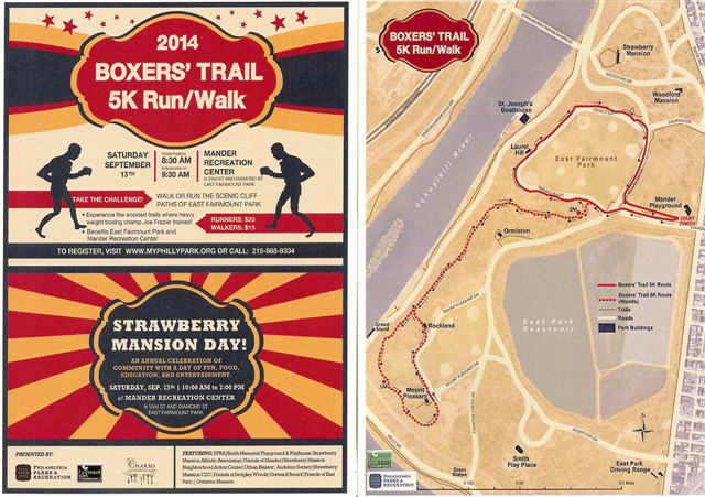 Image of the postcard for the 2014 boxer trail 5K run / walk and Strawberry Mansion Day.