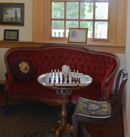 A chess board set and a game ready to be played at Laurel Hill Mansion in Philadelphia PA