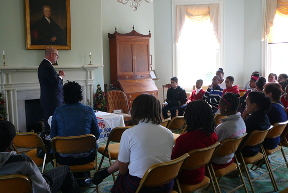 Scott Griffiths from Rawle and Henderson Law Firm addresses student participants during the 2014 Constitution symposium at Laurel Hill Mansion, a program of Woman For Greater Philadelphia.