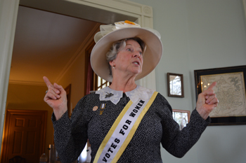 Pat Jordan portrays a suffragette at Women for Greater Philadelphia's 2018 Spring Tea fundraiser at Historic Laurel Hill Mansion in Philadelphia PA 