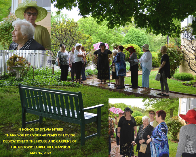 Installation of a bench at the 2022 spring tea thanking Sylvia Myers for he 40 years of dedication to the house and gardens of Laurel Hill Mansion