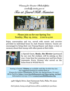 Picture of the 2024 invitation to the spring tea at Laurel Hill Mansion and link to the invitation