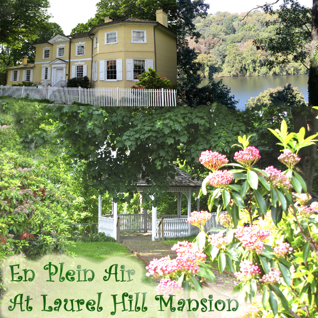 A collage of views of Laurel Hill Mansion and the grounds with text announcing plein air painting at laurel hill mansion